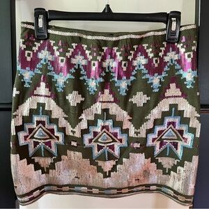 LIVING DOLL Green & Purple AZTEC SEQUIN MINI SKIRT Stretch Size M